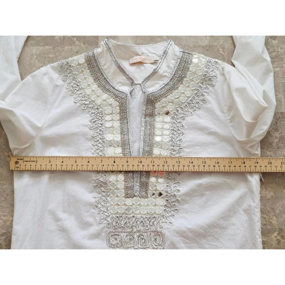 Tory Burch Ivory Cotton Mirror Embroidered Tunic Top Silver Metallic Womens 8